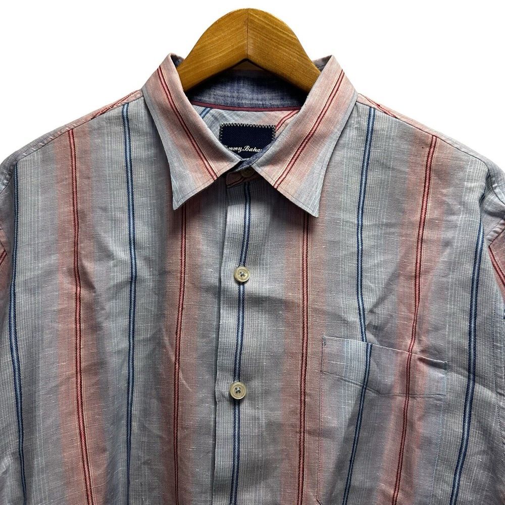 Tommy Bahama Mens L Button Front Linen/Polyester L/S Shirt Gray/Blue/Red Striped